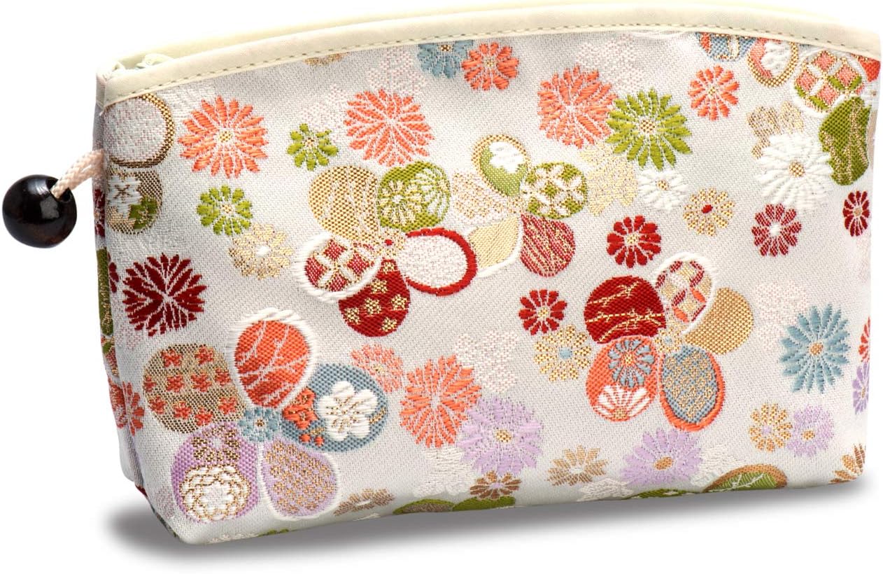 Kyoto Geimidou Nishijin Textile High-grade Gold Brocade Cosmetic Pouch, Japanese Pattern, Made in Japan, white