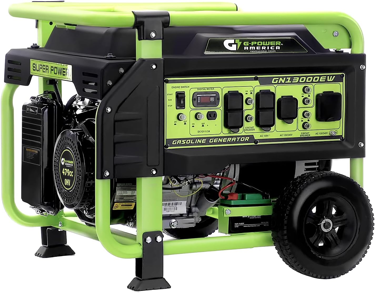 Green-Power America 13000 Watt Gasoline Powered Recoil/Electric Start Portable Generator, 12V-8.3A, Charging Outlet, Home Backup, RV Compatible