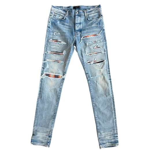 AMIRI 'PLAID BANDANA PATCH THRASHER' JEANS