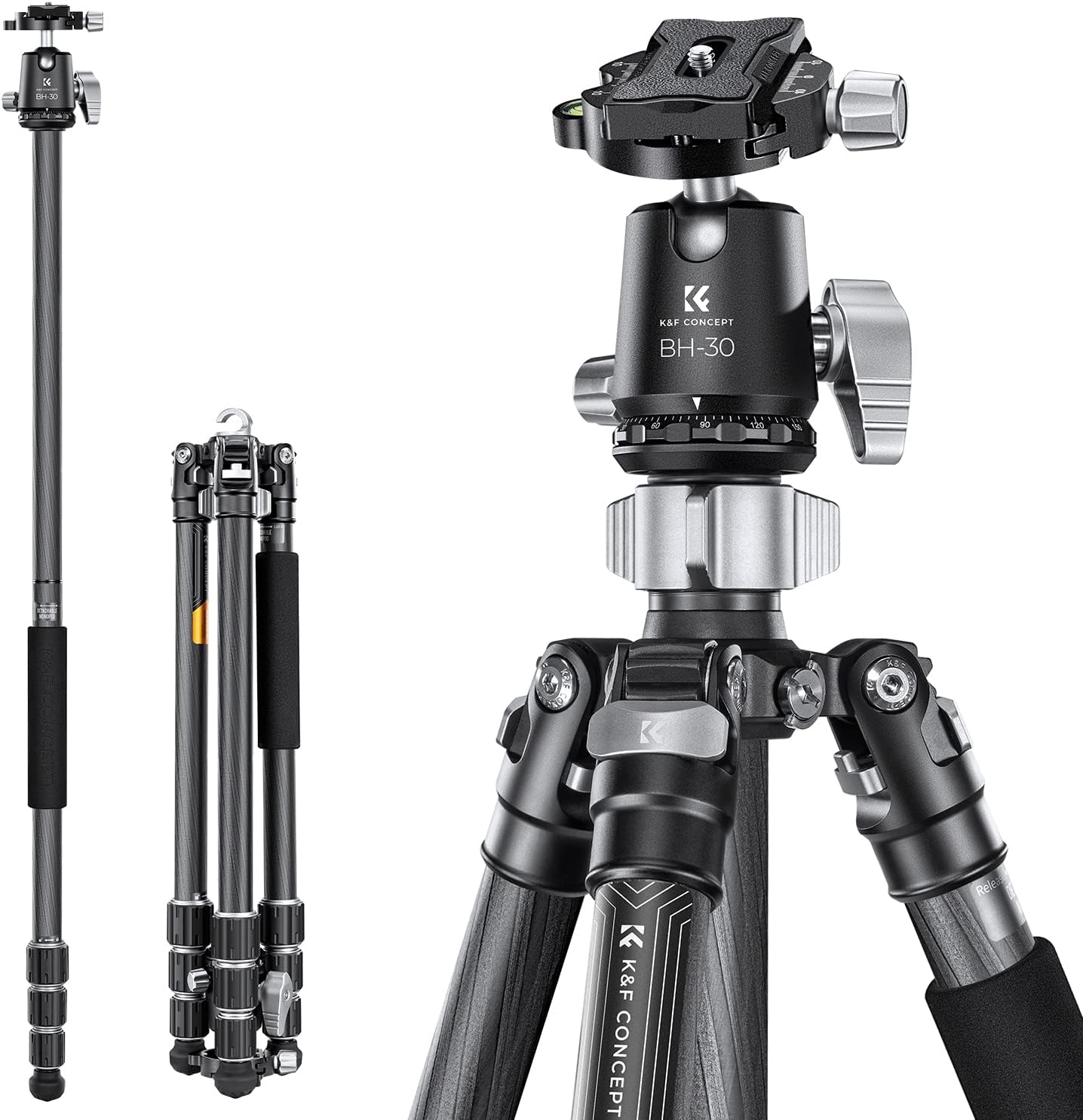 K&F Concept Tripod, Carbon Camera Tripod, 8-Layer Carbon Fiber, Total Extension Height, 67.7 inches (172 cm), 4 Level, Adjustable Monopod, 1.2 inch (30 mm) Ball, Low Center of Gravity, 1.0 inch (25