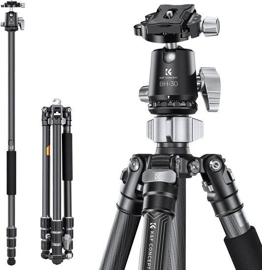 K&F Concept Tripod, Carbon Camera Tripod, 8-Layer Carbon Fiber, Total Extension Height, 67.7 inches (172 cm), 4 Level, Adjustable Monopod, 1.2 inch (30 mm) Ball, Low Center of Gravity, 1.0 inch (25