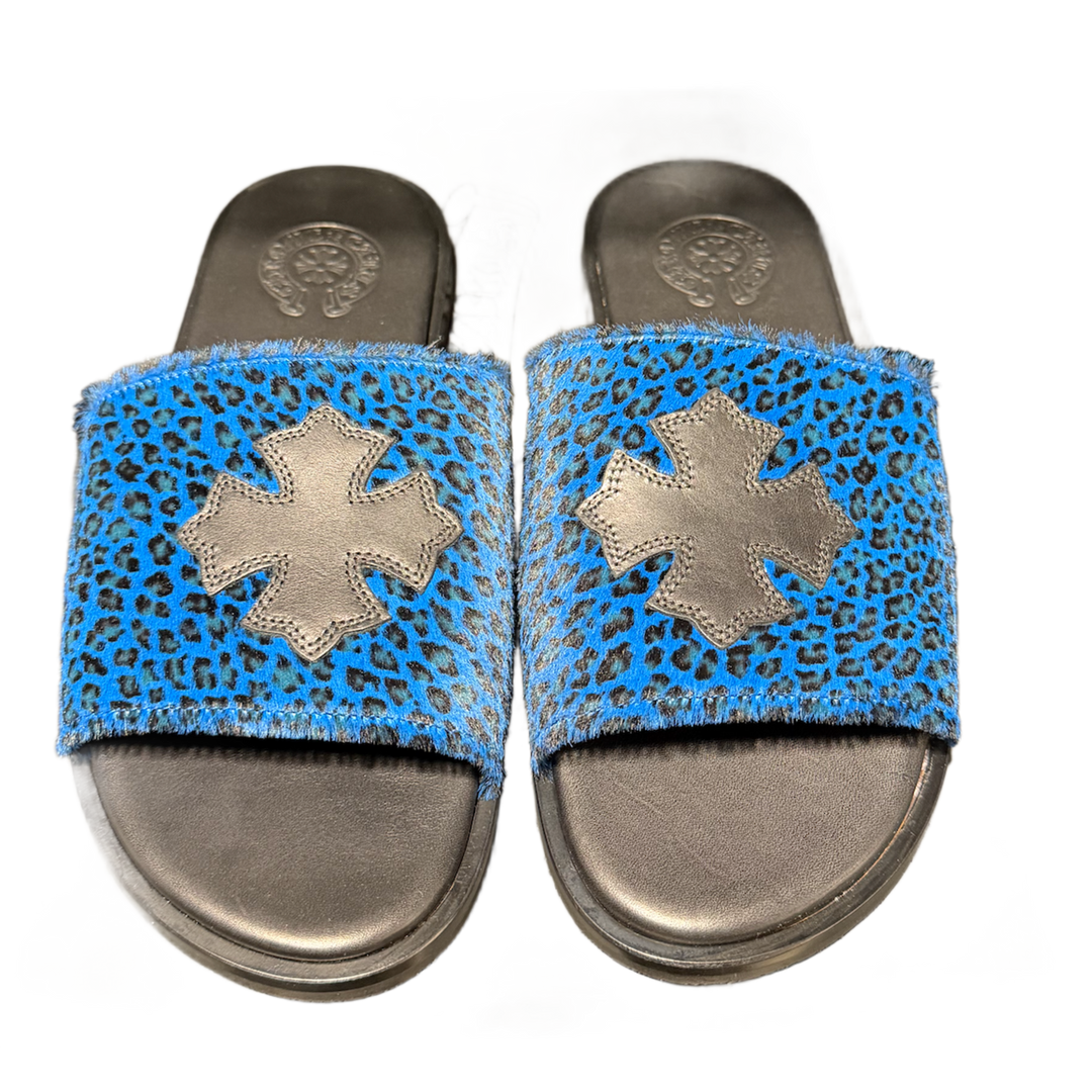 CHROME HEARTS BLACK AND BLUE CHEETAH LEATHER CROSS SLIDES