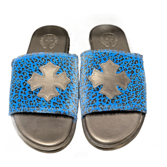CHROME HEARTS BLACK AND BLUE CHEETAH LEATHER CROSS SLIDES