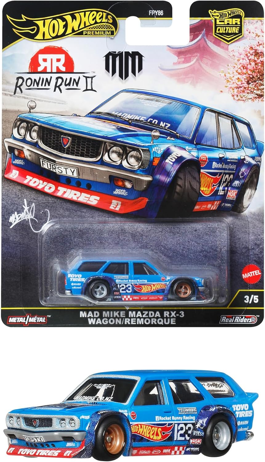 Hot Wheels Car Culture Ronin Run II Mad Mike Mazda RX-3 Wagon/Lemur Ride-On Toy Mini Car, Ages 3 and Up, Blue JBK50