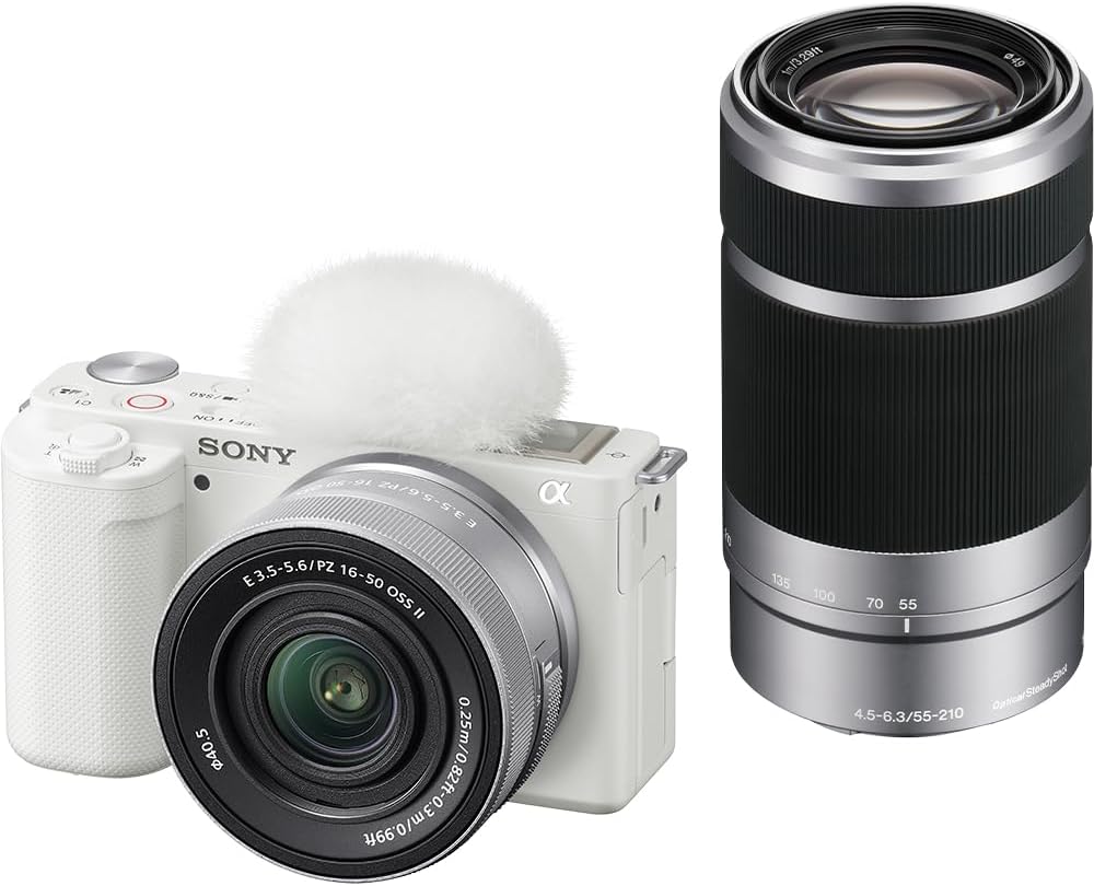 Sony ZV-E10 Mirrorless Single Camera ZV-E10 Double Zoom Lens Kit (Included Lens: SELP16502+SEL55210), White ZV-E10X WQ Lens Replaceable