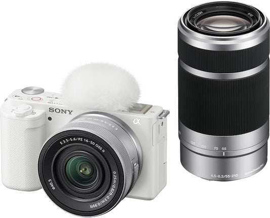 Sony ZV-E10 Mirrorless Single Camera ZV-E10 Double Zoom Lens Kit (Included Lens: SELP16502+SEL55210), White ZV-E10X WQ Lens Replaceable