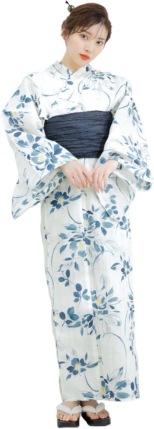 Dita Women's Yukata, 5-Piece Set, Navy, Blue, Red, White, Yellow, Gray, Sunflower, Camellia, Peony, Wisteria, Flower, Japanese Style, Retro, Watercolor, Large, Easy to Wear by One