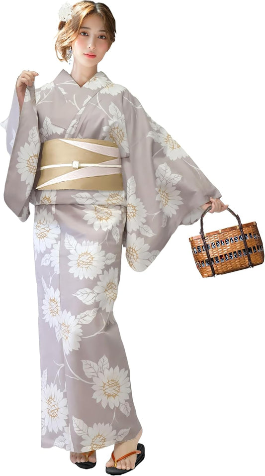 Aletta domani Women's Yukata 2-Piece Set, Yukata Belt Set, Half Width Belt, Reversible, 100% Cotton, Classic Pattern, Fireworks Festival