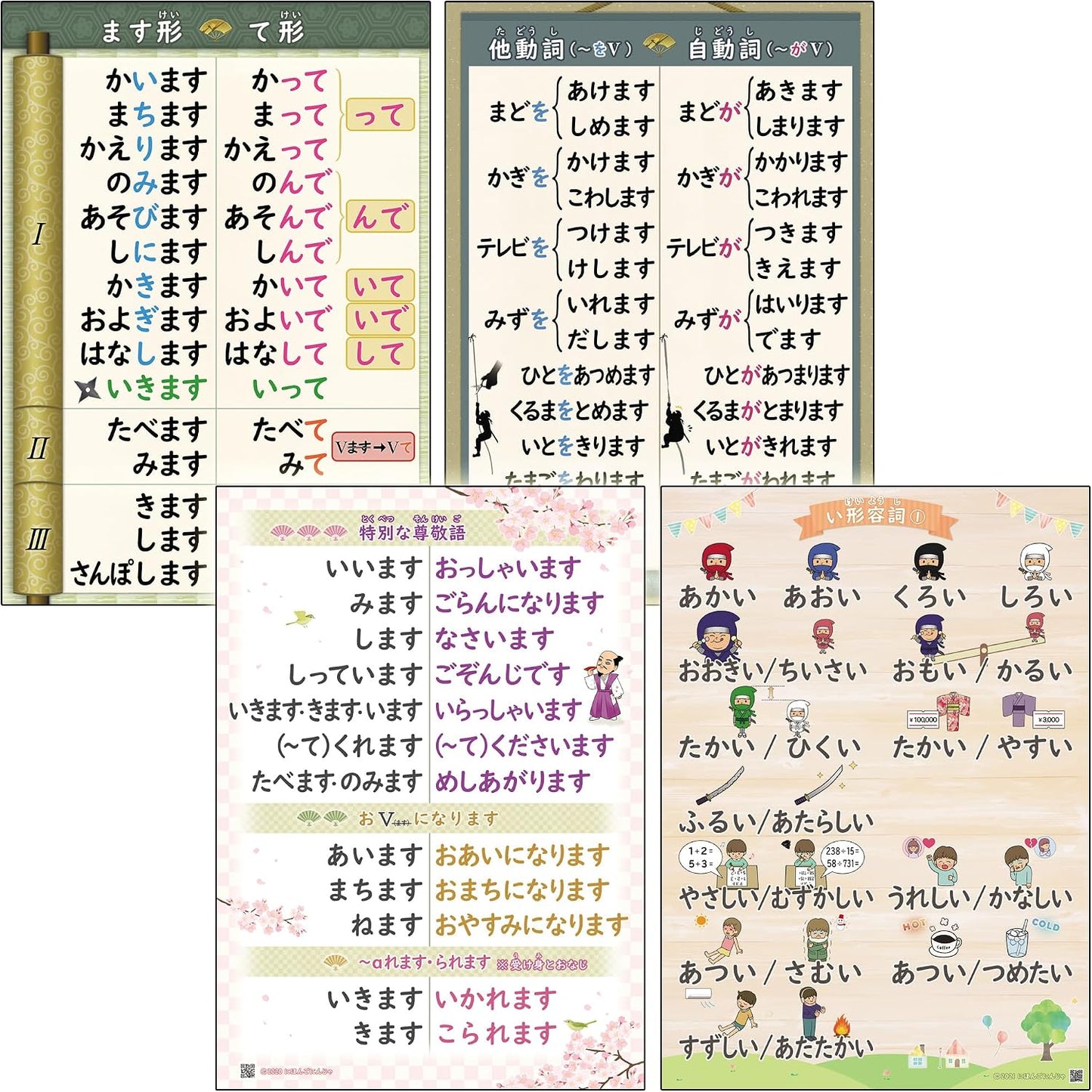 Japanese Learning Poster Set (A2 Size, "Tike", "Automatic Words, Other Verbs, "Respect Words" and "Adjectives", Total of 4 Pieces); (Overseen by Active Japanese Teachers) Japanese Compliant / Japanese