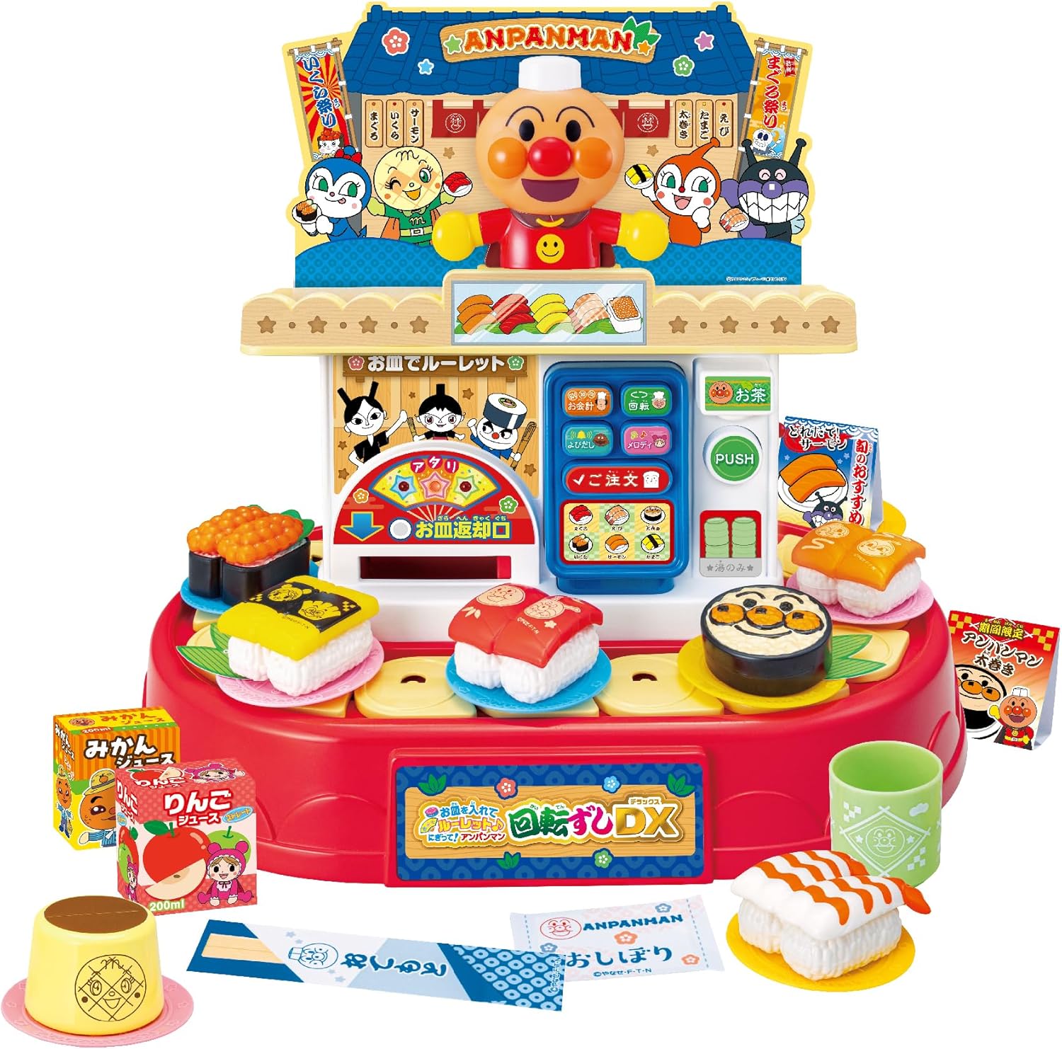 Put in the plates and spin the roulette♪ Grab it! Anpanman Rotating Sushi DX