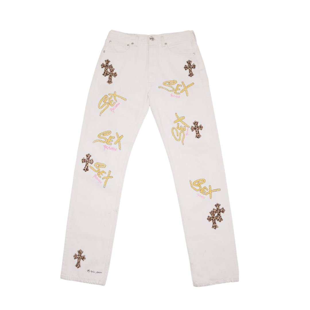 CHROME HEARTS MATTY BOY 'SEX RECORDS CHEETAH PATCH' LEVI 501 WHITE JEANS