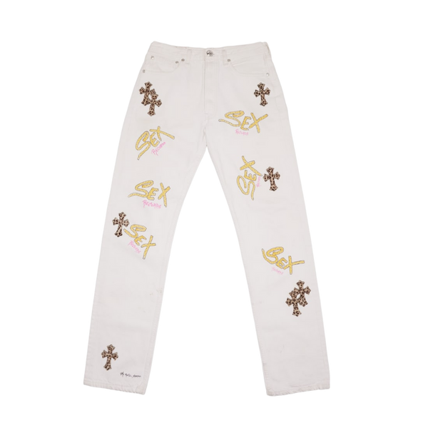 CHROME HEARTS MATTY BOY 'SEX RECORDS CHEETAH PATCH' LEVI 501 WHITE JEANS
