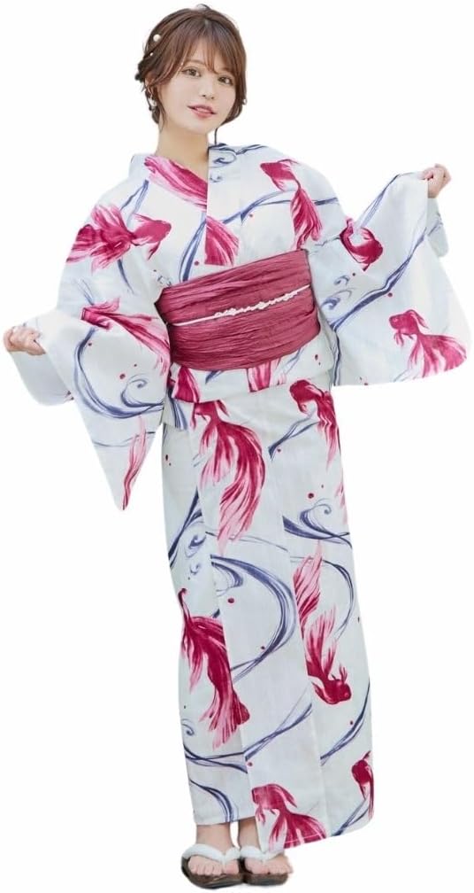 [ANDESIR] アンデジール 浴衣 4点セット 向日葵 金魚 ひまわり 花柄 紫 青 ネイビー ピンク 赤 レトロ しわ兵児帯 腰ひも ゆかた 浴衣セット