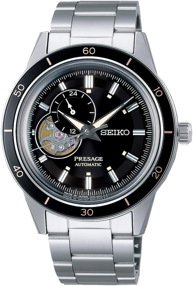 Seiko Watch PRESAGE Style 60's Mechanical Men's, Model: Open Heart/Case: Silver / Dial: Black, 1 piece, Open Heart Model