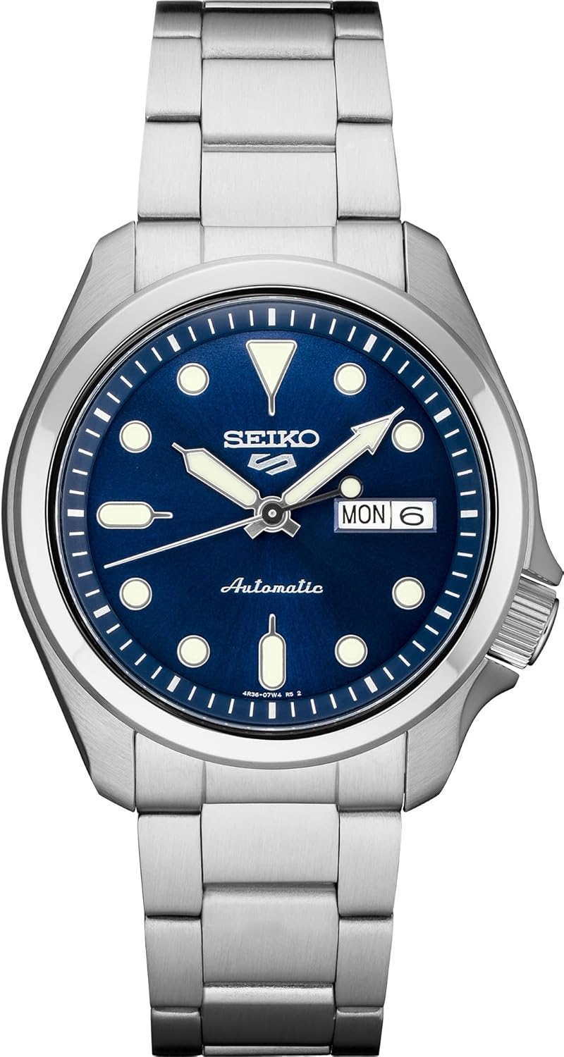 Seiko Automatic Watch for Men - Five Sports - Day/Date Calendar, LumiBrite Hands and Markers, Rotating Bezel, Water Resistant to 100 Meters, Blue - SRPE53