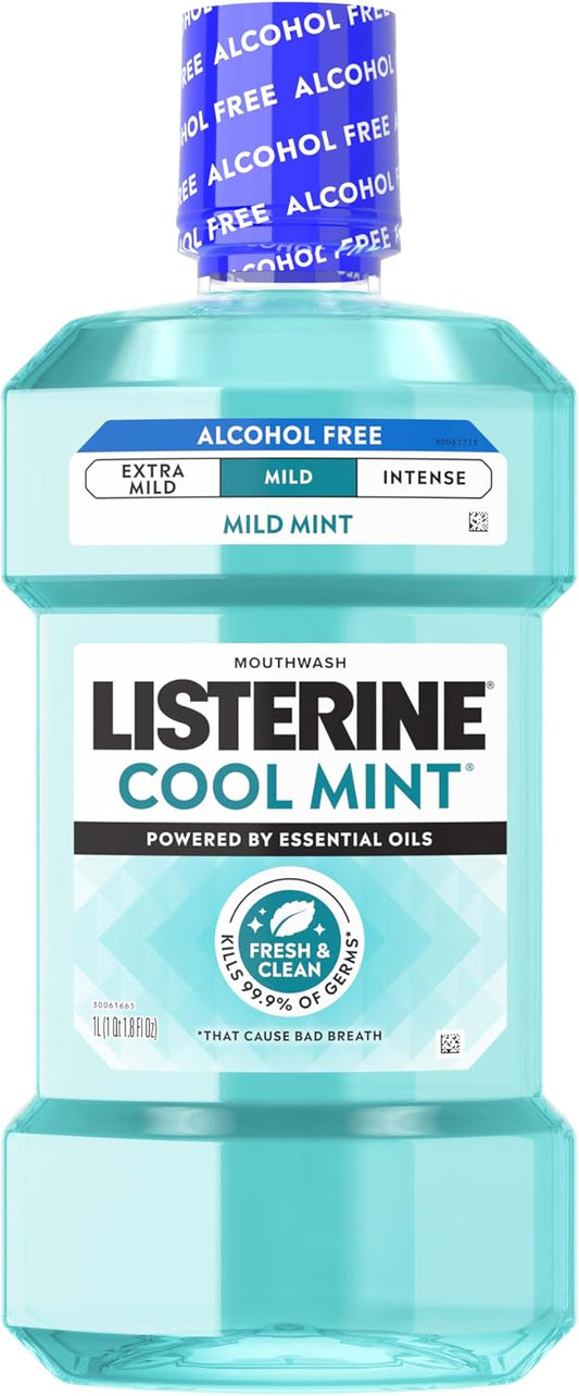 Listerine Enjuague bucal sin alcohol, enjuague bucal sin alcohol para matar el 99% de los gérmenes que causan mal aliento para el aliento fresco y la boca limpia, sabor menos intenso, sabor a menta fresca, 1 L