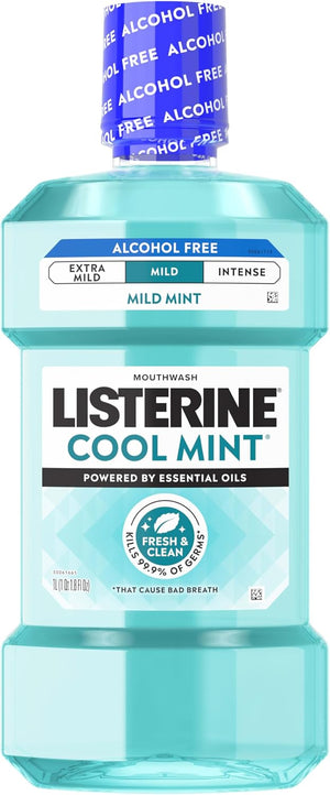 Listerine Enjuague bucal sin alcohol, enjuague bucal sin alcohol para matar el 99% de los gérmenes que causan mal aliento para el aliento fresco y la boca limpia, sabor menos intenso, sabor a menta fresca, 1 L