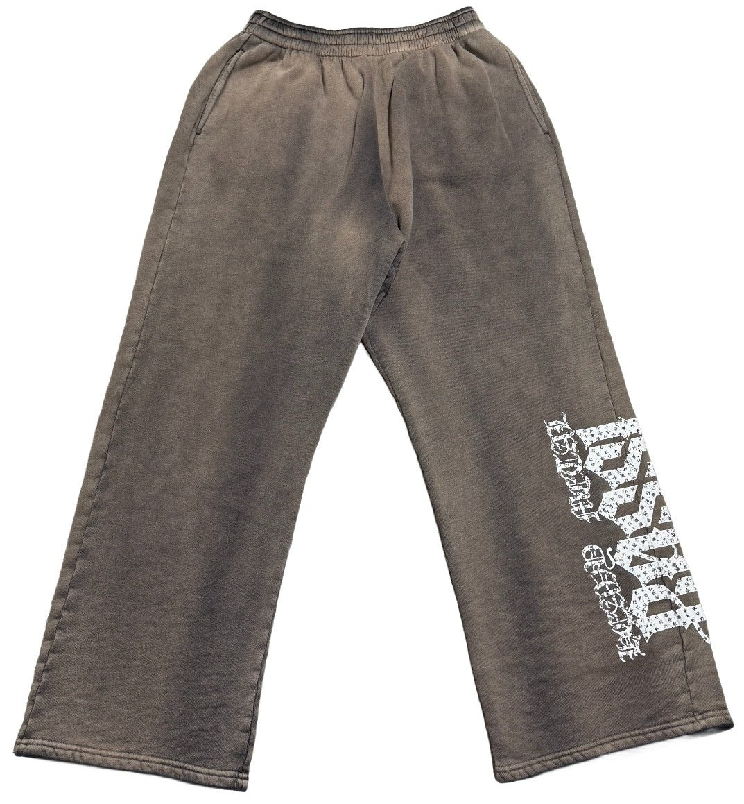 BOSSI 'WHITE HEAVY METAL' WASHED BROWN RHINESTONE SWEATPANTS
