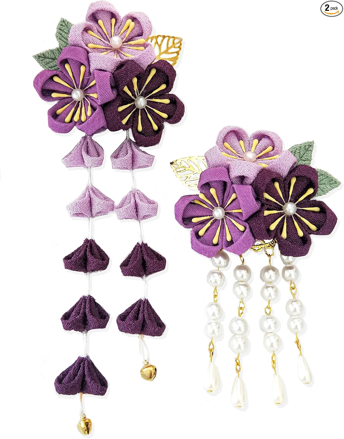 JZOON Hair Ornaments 2-Piece Set, Coming of Age Ceremony, Yukata, Hakama, Kimono, Furisode, Kimono, Kimono, Kimono, Handmade, Flowers, Graduation Ceremony, Wedding, Bell Included, Handmade, Red,