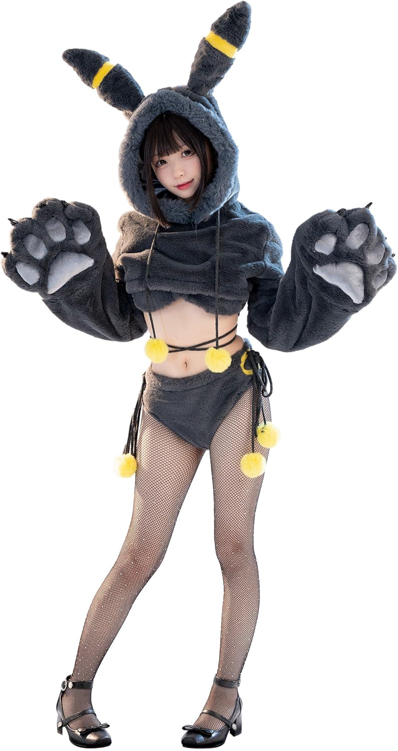 Mobbunny Women's Cosplay Costume Set, Sexy Cute Black Cat Monster Beast Animal Style, Anime Game Long Sleeve Homewear Pajamas, Top, Bra, Lingerie, Pants, Fluffy Cute Outfit