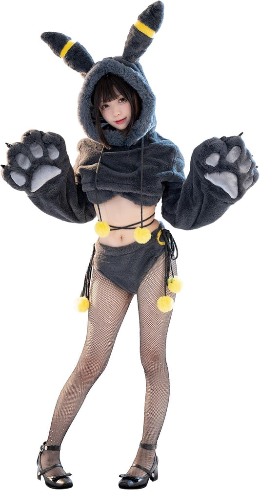 Mobbunny Women's Cosplay Costume Set, Sexy Cute Black Cat Monster Beast Animal Style, Anime Game Long Sleeve Homewear Pajamas, Top, Bra, Lingerie, Pants, Fluffy Cute Outfit