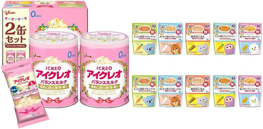 Icreo Balanced Milk 28.2 oz (800 g) x 2 Cans (with samples) + Kewpie Baby Food, Happy Recipes for Microwave Use, Assorted Set, 5 Types x 2 Bags Each, Powdered Milk, Infants and Toddlers Around 9