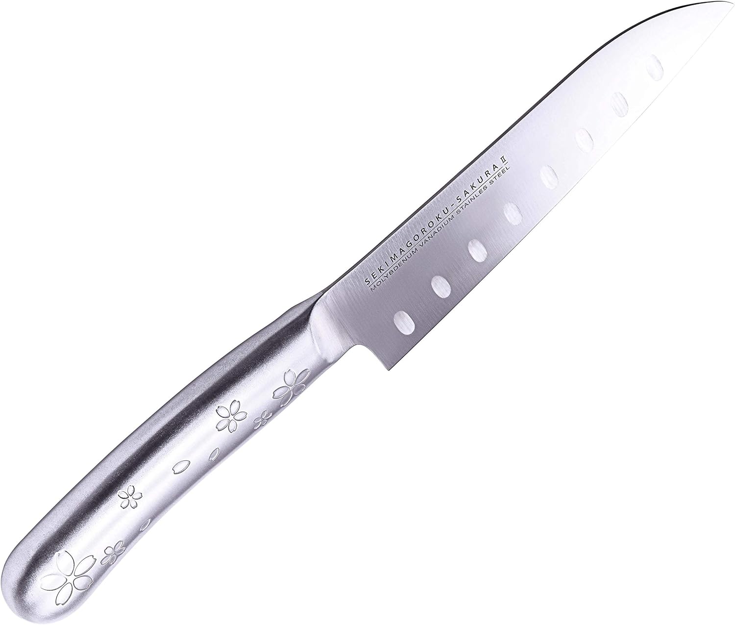KAI Santoku Knife, Silver, Blade Length: Approx. 5.9 inches (15 cm), Seki Magoroku - Sakura All Stainless Steel Knife 2, 213935