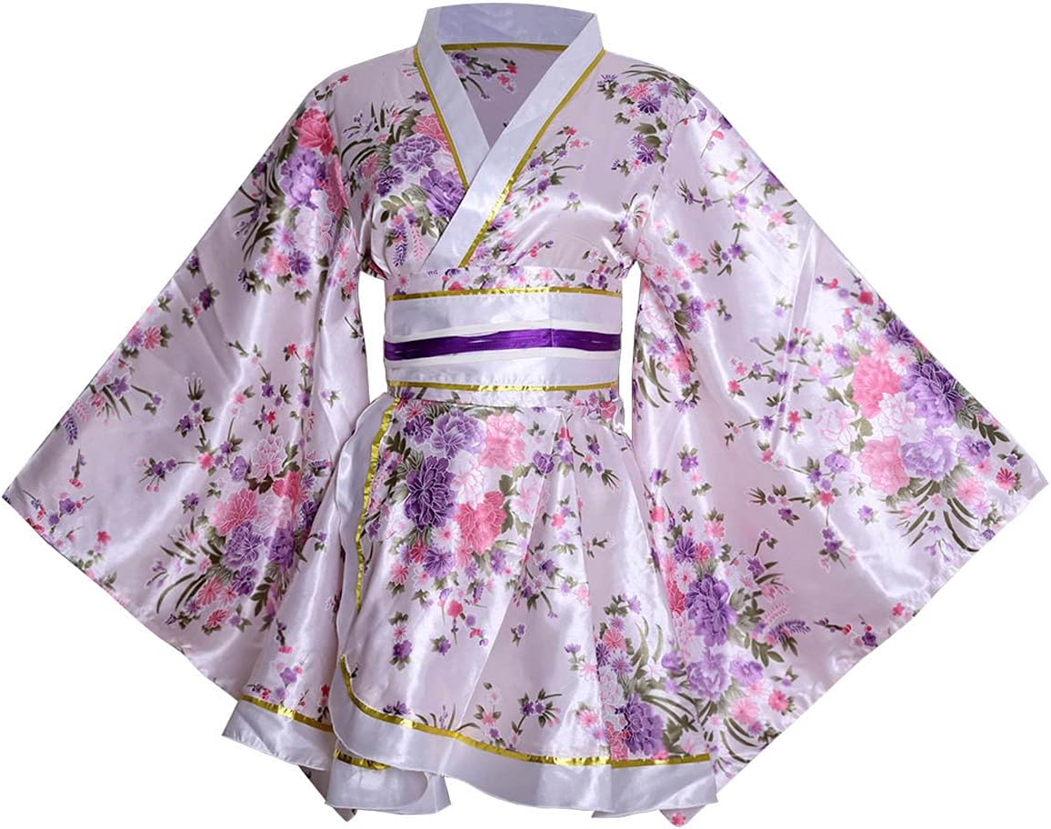 Women's Short Kimono Costume, Floral Pattern, Long Sleeve, Japanese Traditional Geisha, Yukata, Lolita Dress, Sexy Bath, Srobe, Sleepwear Robe, Belt Outfit
