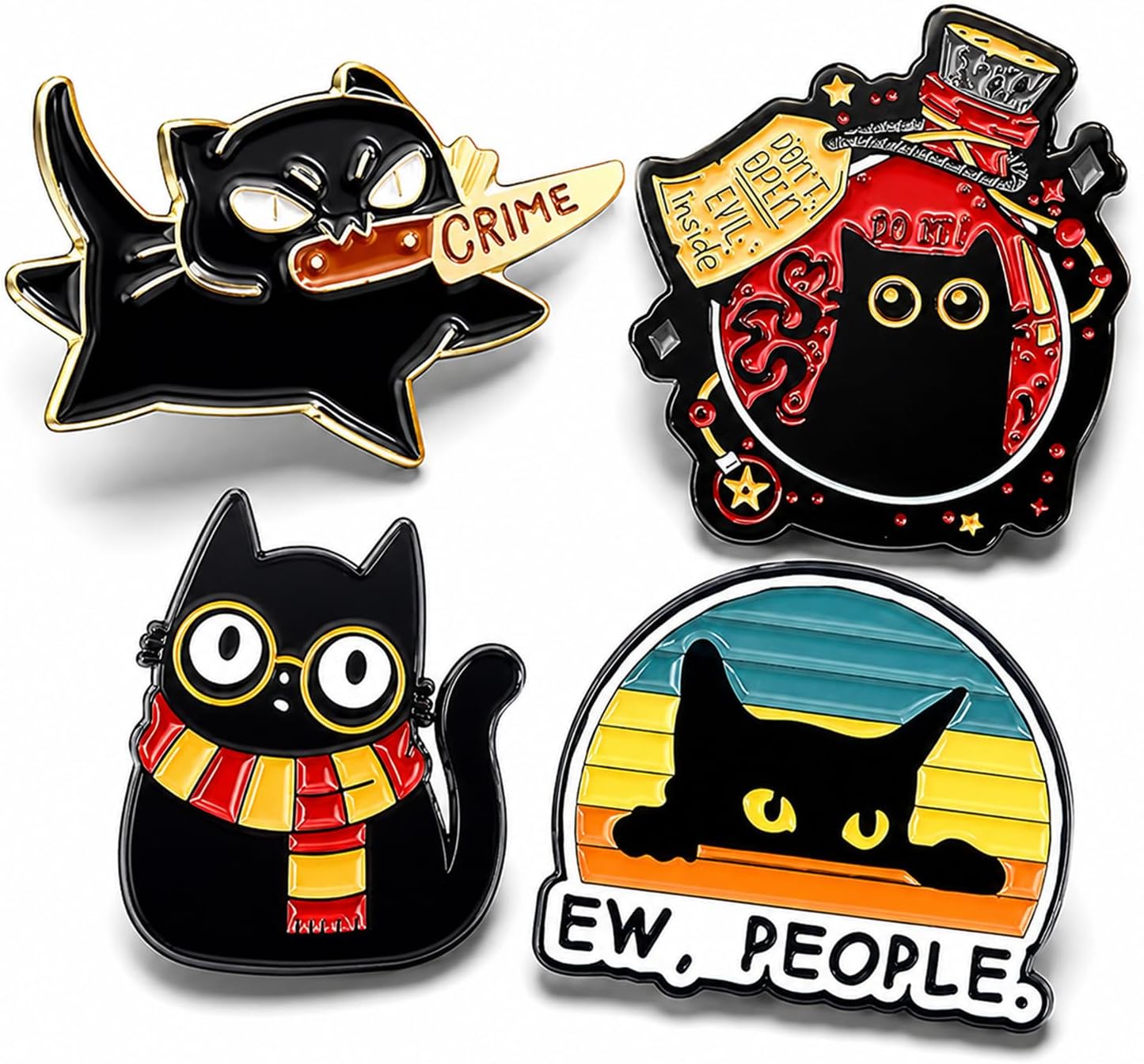 4 pines esmaltados de gato negro, divertidos broches de mochila de gatos de dibujos animados para mujeres y hombres, broche de animal kawaii, encantadores, mini alfileres de solapa, accesorios de