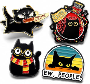 4 pines esmaltados de gato negro, divertidos broches de mochila de gatos de dibujos animados para mujeres y hombres, broche de animal kawaii, encantadores, mini alfileres de solapa, accesorios de