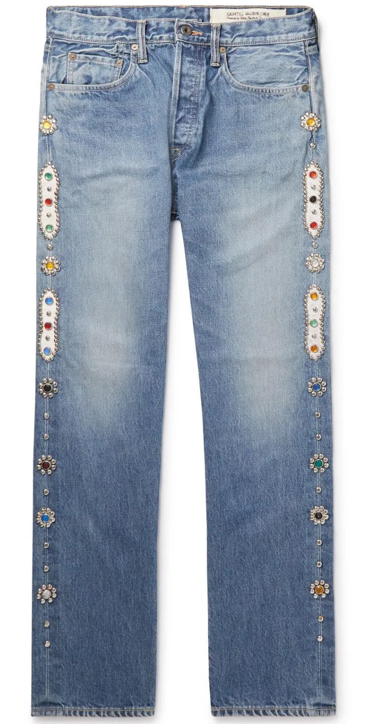 KAPITAL STRAIGHT LEG EMBELLISHED JEANS BLUE