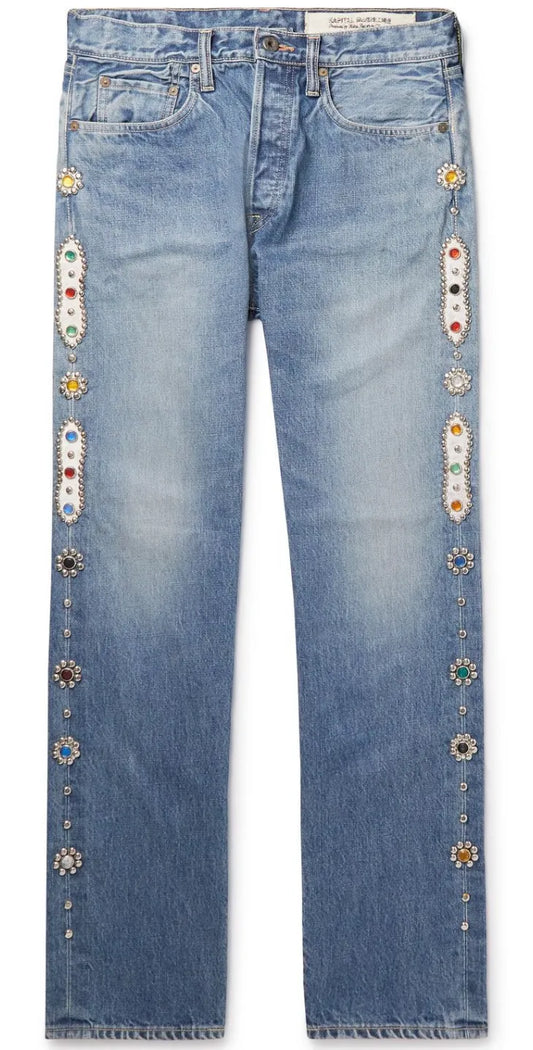 KAPITAL STRAIGHT LEG EMBELLISHED JEANS BLUE