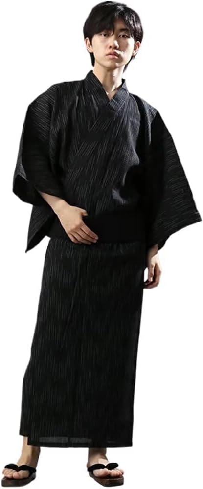 FEIFEISISTER Men's Yukata, Adult, 2-piece Set, with Obi, Men's, Spring, Summer, Autumn, Cotton, Thin, Breathable, Japanese Style, Kimono, Festival, Summer Festival, Fireworks Display, Large Size, 65.0