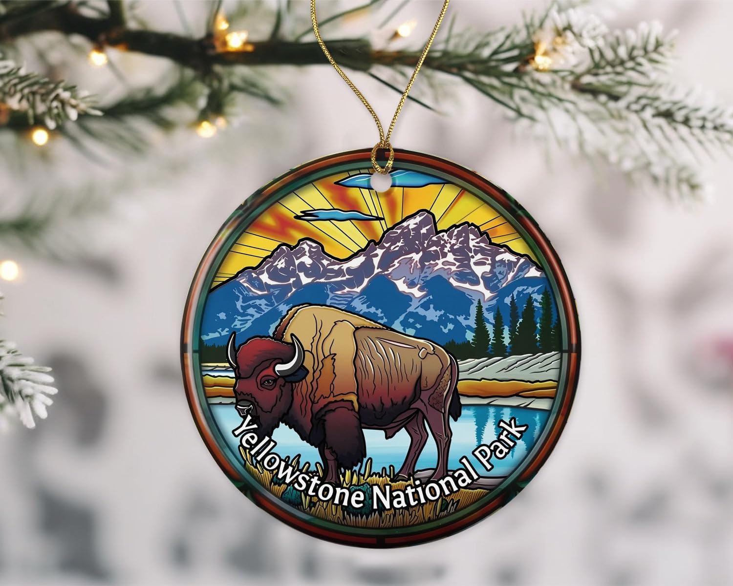 Yellowstone National Park - Adorno de Navidad con aspecto de vitral, recuerdo, recuerdo de viaje, regalo de cerámica impreso en ambos lados