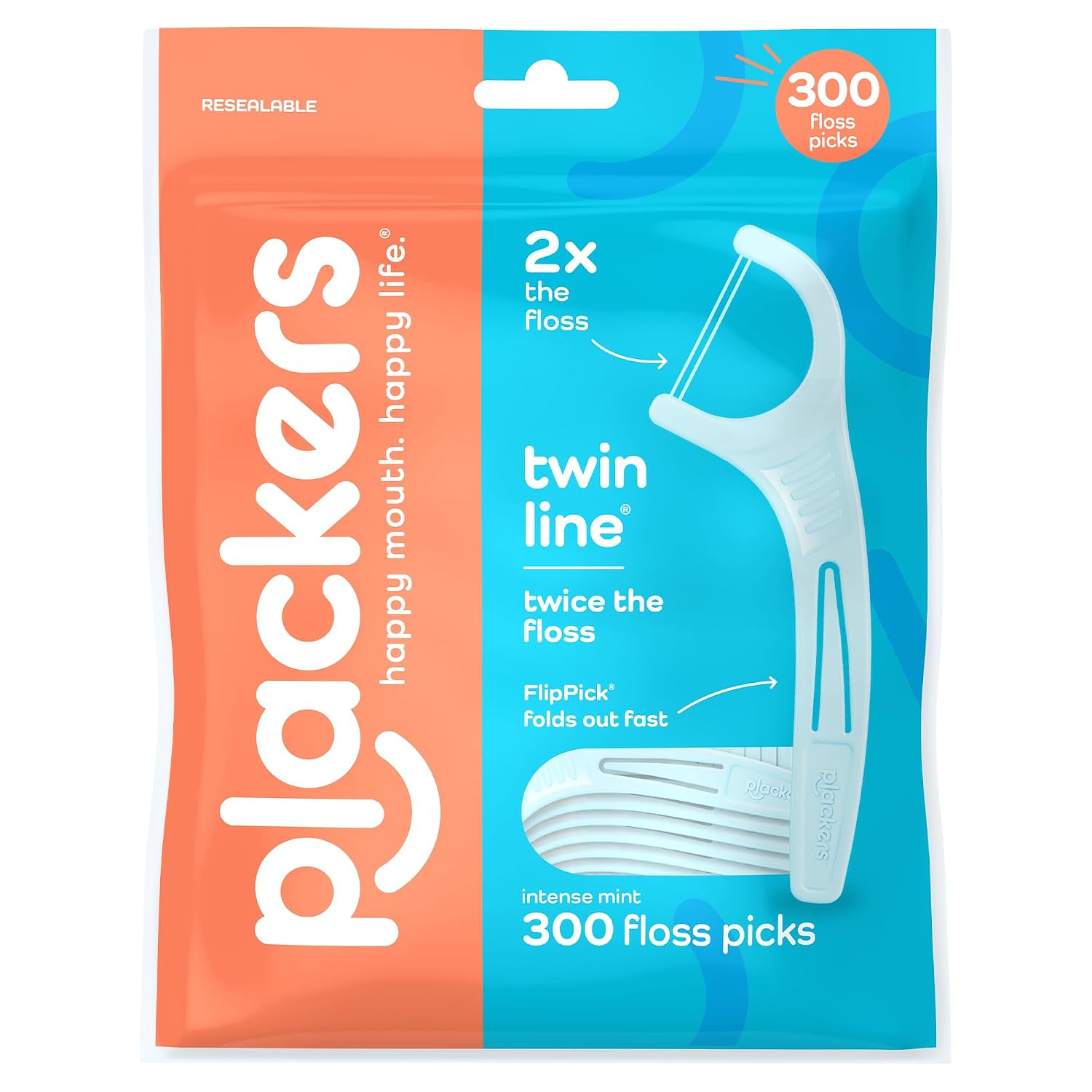 Plackers Twin Line - Púas de hilo dental de doble línea, fácil almacenamiento, sabor a menta fresca, 300 unidades