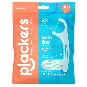 Plackers Twin Line - Púas de hilo dental de doble línea, fácil almacenamiento, sabor a menta fresca, 300 unidades