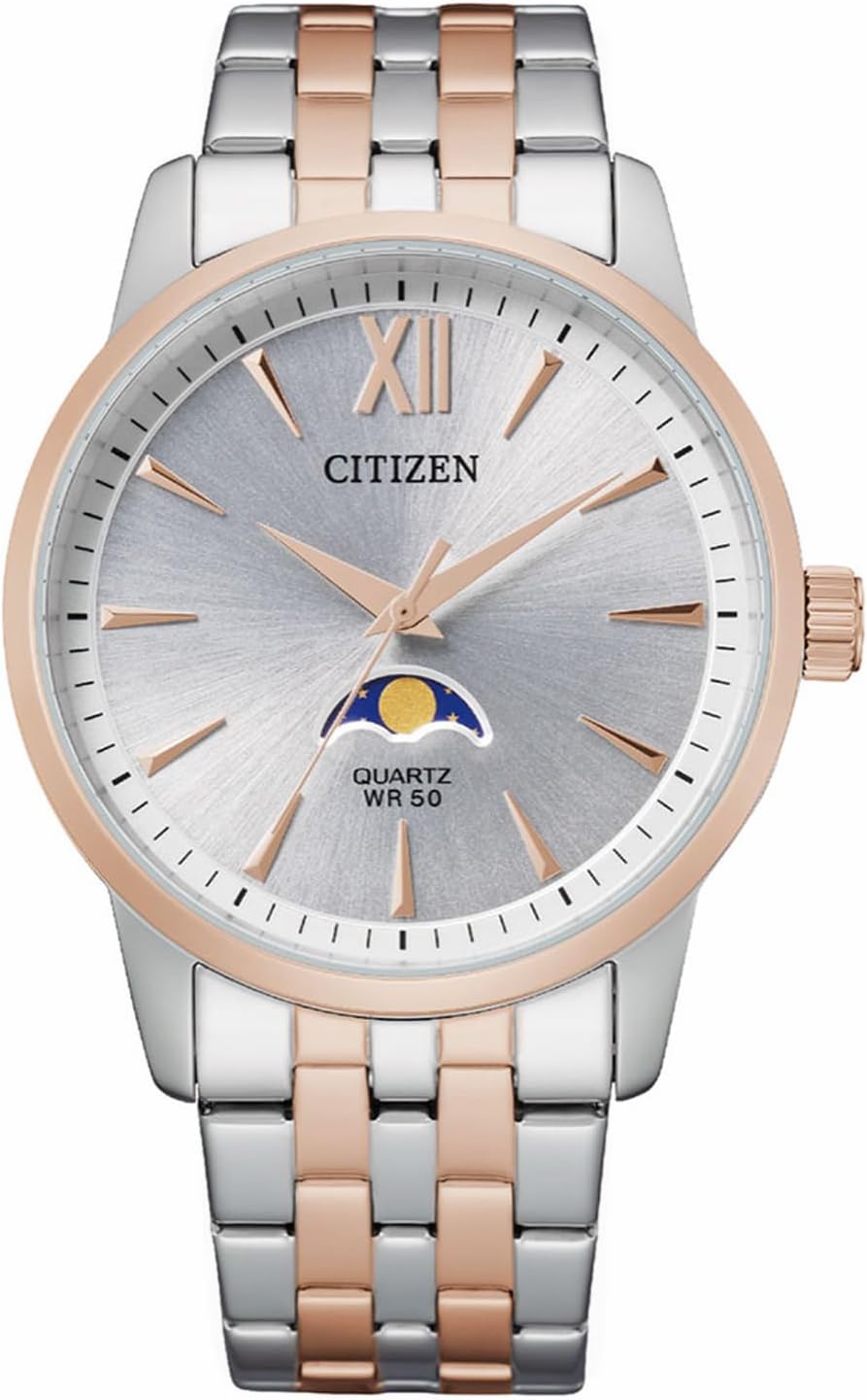 Citizen AK5000 Series Moonphase Analog Quartz Men's Watch, Silver x Pink Gold AK5006-58A, Dress