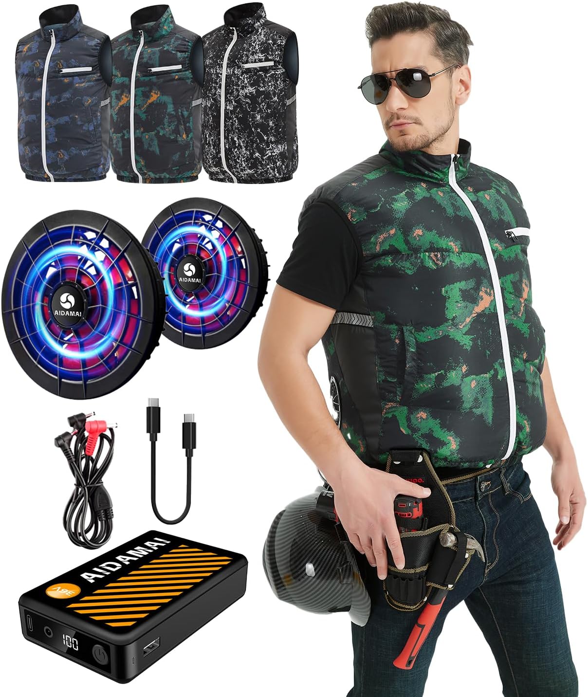 AIDAMAI Fan Battery Set with Fan [2025 Strongest Storm Storm, 36V Ultra High Output], Large Capacity, 25,000 mAh, Air Cooling Adjustment Work Clothes, Brushless Motor, Silent, Long Life, Heat