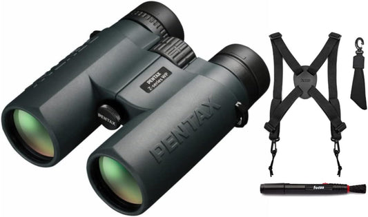 Pentax Z Series ZD 10x43mm Roof Prism WP Binoculars Harness and Lens Cleaning Pen Bundle (3 Items)