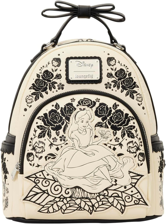 Loungefly Disney: Alicia en el país de las maravillas - Mini mochila floral bordada con lazo 3D - Ideal para niños y adultos - Bolsas coleccionables