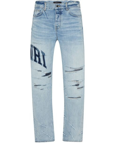 AMIRI バーシティ ロゴ入り リペア ストレートジーンズ - Image 1