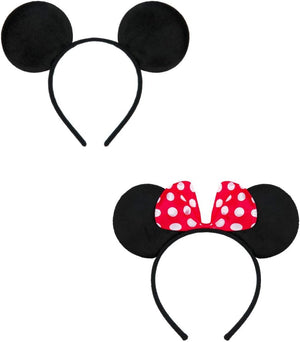 Set of Two Mouse Ears Headband with Red Ribbon and White Dots & Mouse Ears in Black for Kids & Adults