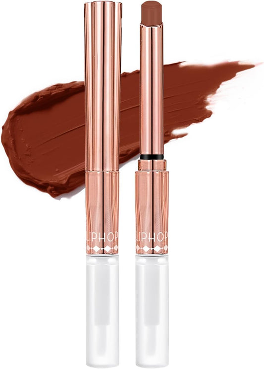 Double-Headed Matte Lipstick, Gloss, High Color, Moisturizing, Long-Lasting Keep, Anti-Falling, Gel Membrane Lipstick, Non-Drying, Lipstick, Glossy Finish, Natural Ruddy Feel, Brush Included, 8