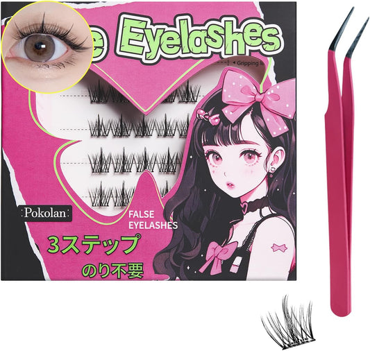 Pokolan 3 Piece False Eyelashes, No Glue, Self-Adhesive, Partial False Eyelashes, No Glue, Natural False Eyelashes, Bundles, 1 Second, For Parts, 30 Bundles, Popular, Cute, Natural, Glue, Black