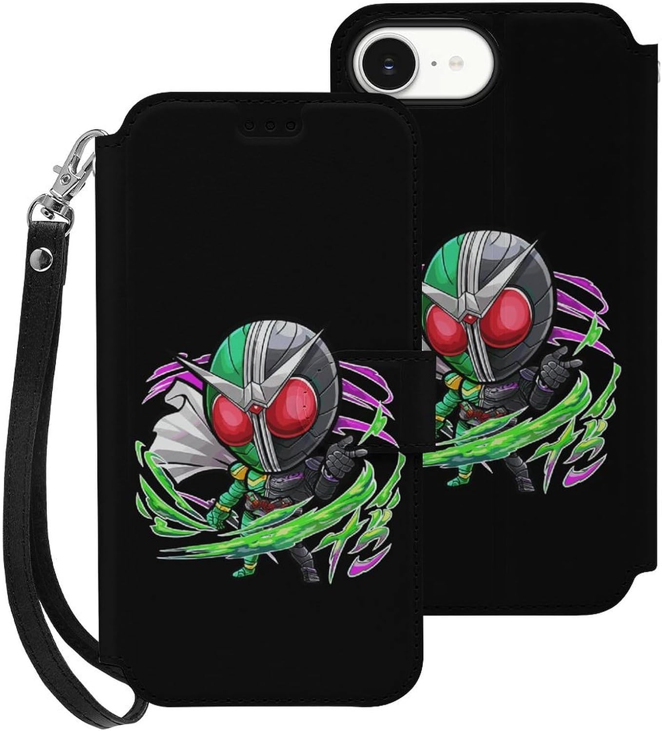 iPhone 16e Case, Notebook Type, Kamen Rider Double Smartphone Case, iPhone 16 E Case, Wallet Type, 2024 Model, Mobile Cover, PU Leather, Card Storage, Stand Function, Stylish, Shockproof, Strap
