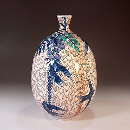 伝統工芸品｜染錦青海波藤燕絵壷｜有田焼・伊万里焼・高級陶器花瓶｜陶芸家藤井錦彩