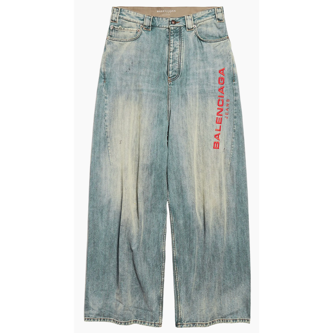 BALENCIAGA 'RED EMBROIDERED LOGO' BLUE DENIM JEANS