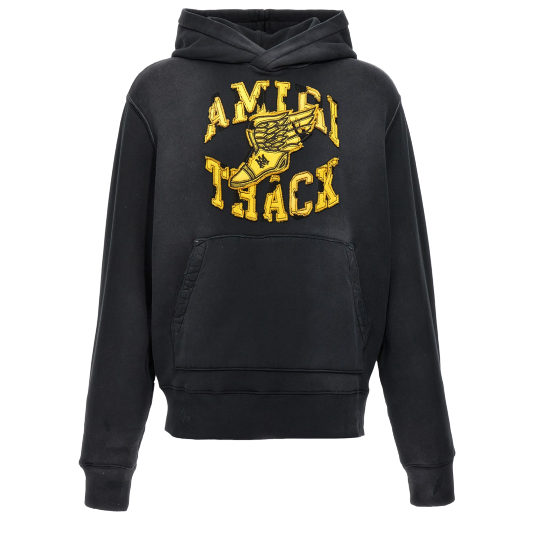 AMIRI 'BLACK/ YELLOW TRACK' FADED BLACK HOODIE