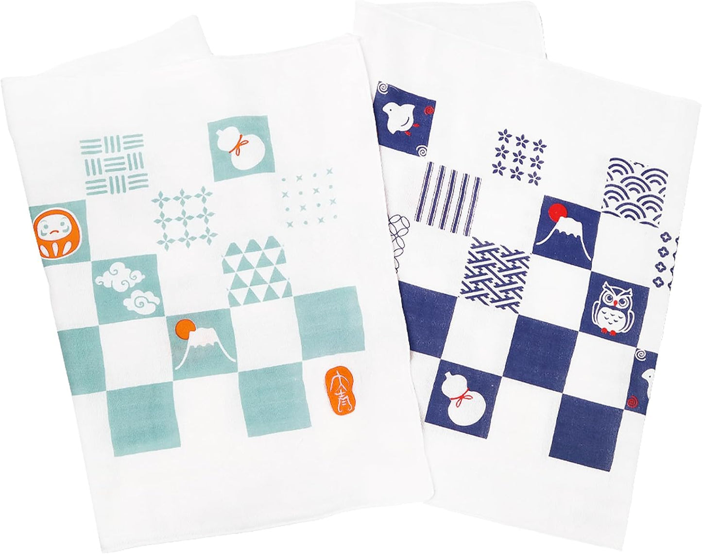 Cluster Japanese Tenugui, Double Layer, Japanese Bleached Gauze, Anti-fray Treatment, Checkered Play Pattern (Navy Blue & Celadon), Set of 2