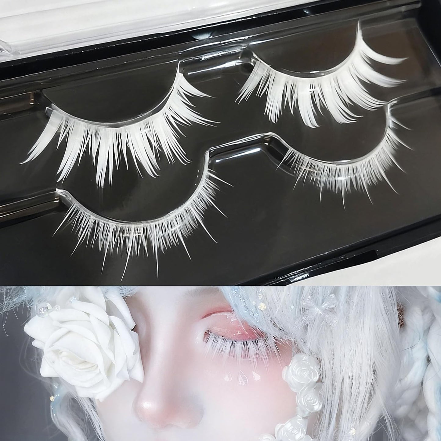 2 Pairs False Eyelashes, Cosplay, White, Cosplay, Natural Design, Masquerade Party, Halloween, Idol-Style, Reusable, Handmade, Top and Bottom Eyelashes, Daily Makeup, Stage Use, Delicate Hair